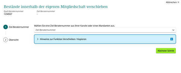 Verschieben / Kopieren (mitgliedschaftsinterner Übertrag)