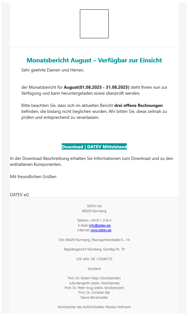 Betrugsversuch mit einer gefälschten "Rechnung" im Anhang und einem gefälschten Download