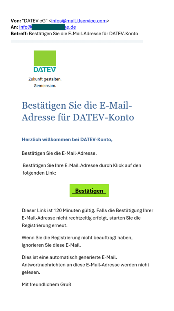 Betrugsversuch mit einem Bestätigungs-Link für das DATEV-Konto