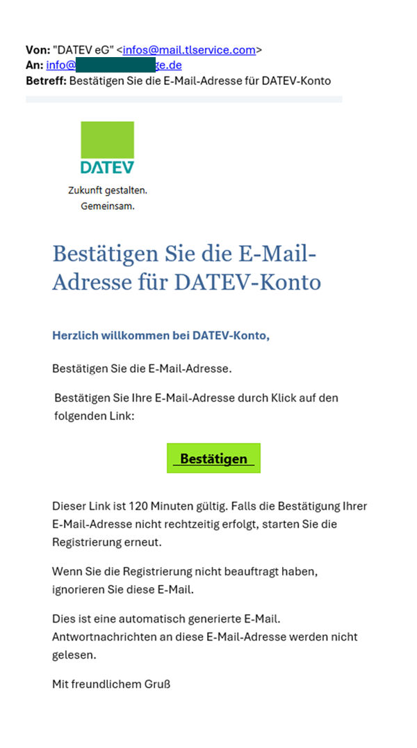 Betrugsversuch mit einem Bestätigungs-Link für das DATEV-Konto