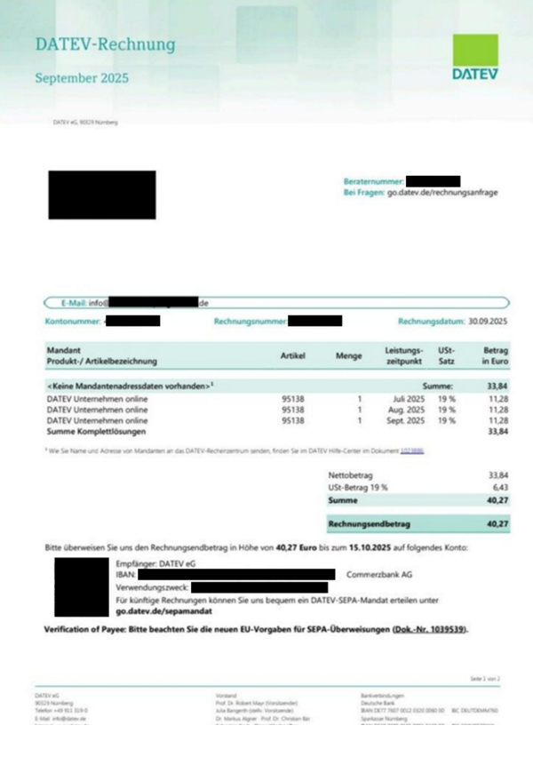 Betrugsversuch mit DATEV-Rechnung (PDF-Anhang)