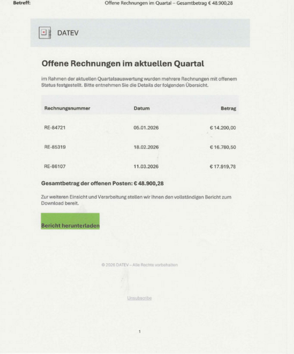 Betrugsversuch mit DATEV-Rechnung im Mai 2026