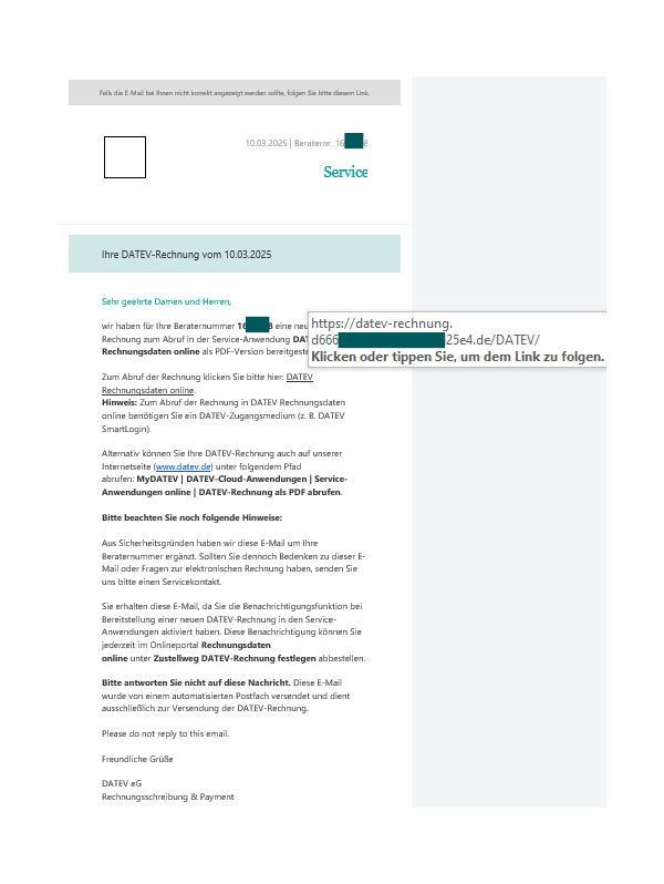 Betrugsversuch mit einem Link zu Rechnungsdaten online