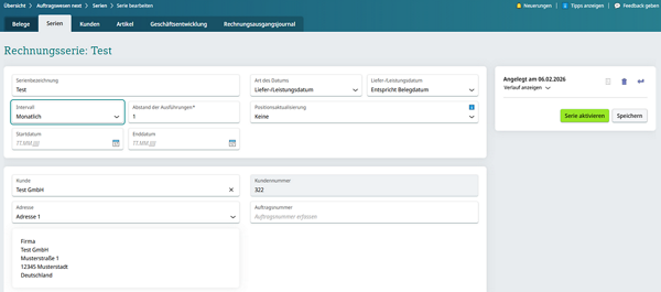 Screenshot DATEV Auftragswesen next: Serienrechnung