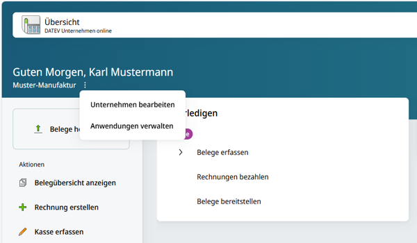 Screenshot DATEV Unternehmen online: neue Direkteinstiege - Übersicht
