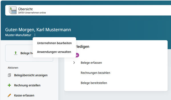 Screenshot DATEV Unternehmen online: neue Direkteinstiege - Übersicht