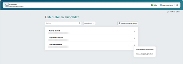 Screenshot DATEV Unternehmen online: neue Direkteinstiege - Unternemensauswahl