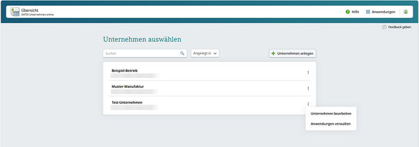 Screenshot DATEV Unternehmen online: neue Direkteinstiege - Unternemensauswahl