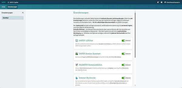 Der Screenshot zeigt das Fenster "Erweiterungen" in DATEv Copilot, in dem man die Erweiterungen wie Websuche oder DATEV LEXchat aktivieren kann. 