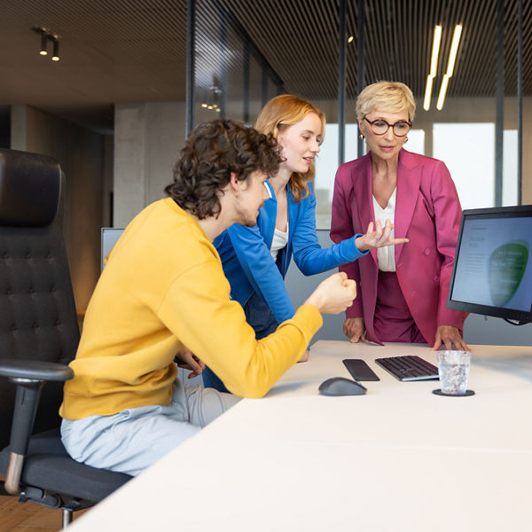 Ein junger Mann, sitzend, und zwei Damen, stehend, schauen auf einen Arbeitsplatz-Monitor. Auf dem Bild steht: Nachwuchs von morgen gewinnen und ausbilden. 