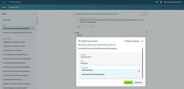 Der Screenshot zeigt,  wie in DATEV Copilot eine Nachricht in MyDATEV Kommunikation gesendet werden kann. 
