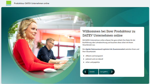 Startseite der Produkttour von DATEV Unternehmen onlin