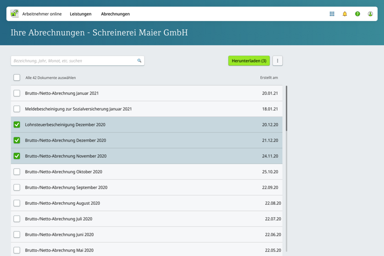 Screenshot vom Bereich Abrechnungen in DATEV Arbeitnehmer online
