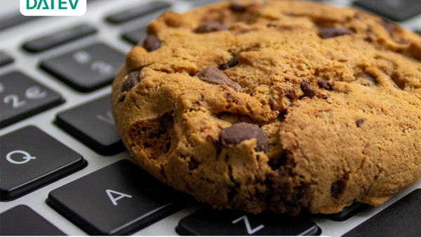 Buchcover mit Titel &#39;Websites, Cookies &amp; Co – Was sich für Unternehmen ändert&#39; von  Dr. Jens Eckhardt , mit DATEV-Logo und einem Schokoladenkeks auf einer Computertastatur, veröffentlicht von DATEV.
