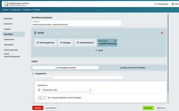 Screenshot DATEV Belegfreigabe online comfort Workflow anhand Rechnungsart