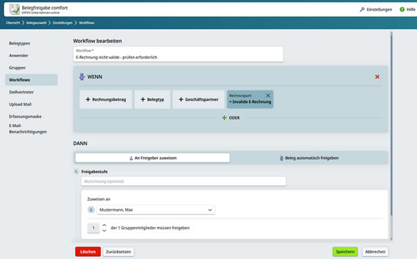 Screenshot DATEV Belegfreigabe online comfort Workflow anhand Rechnungsart
