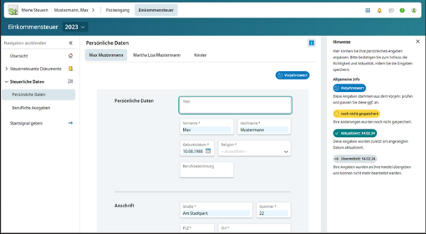 Screenshot zu DATEV Meine Steuern steuerliche Daten