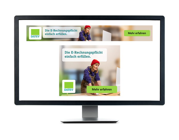 Monitor, der das Banner der E-Rechnungskampagne zeigt.