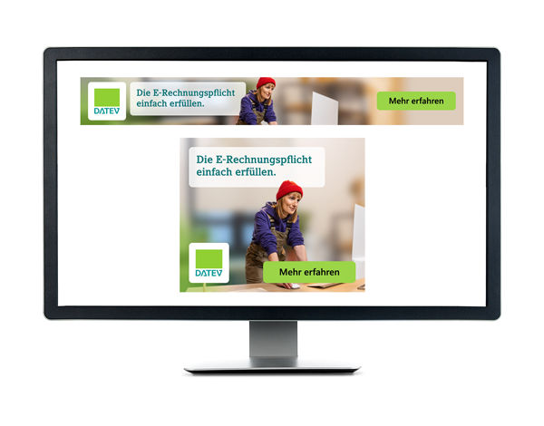 Monitor, der das Banner der E-Rechnungskampagne zeigt.