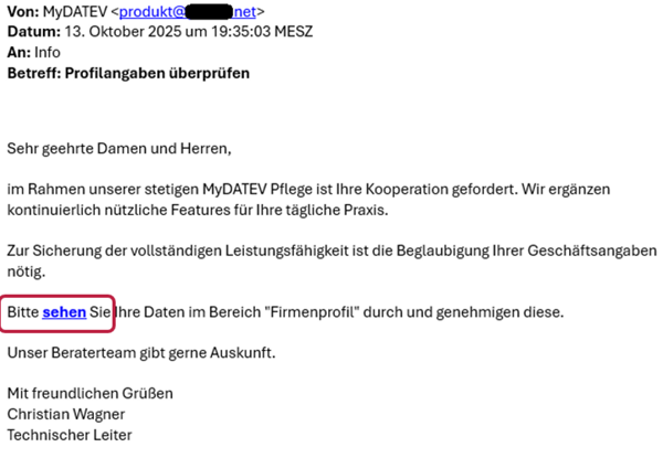 Betrugsversuch mit Lookalike-Domäne „mydatlev.de-einarbeitung.com“