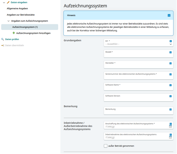 Angaben zum elektronischen Aufzeichnungssystem und zur TSE