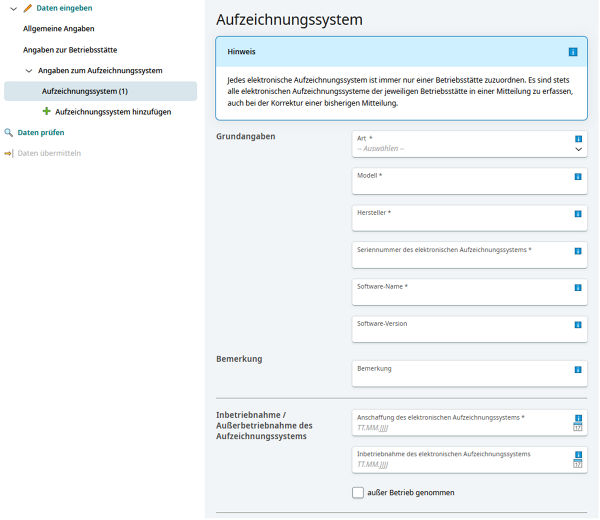 Angaben zum elektronischen Aufzeichnungssystem und zur TSE