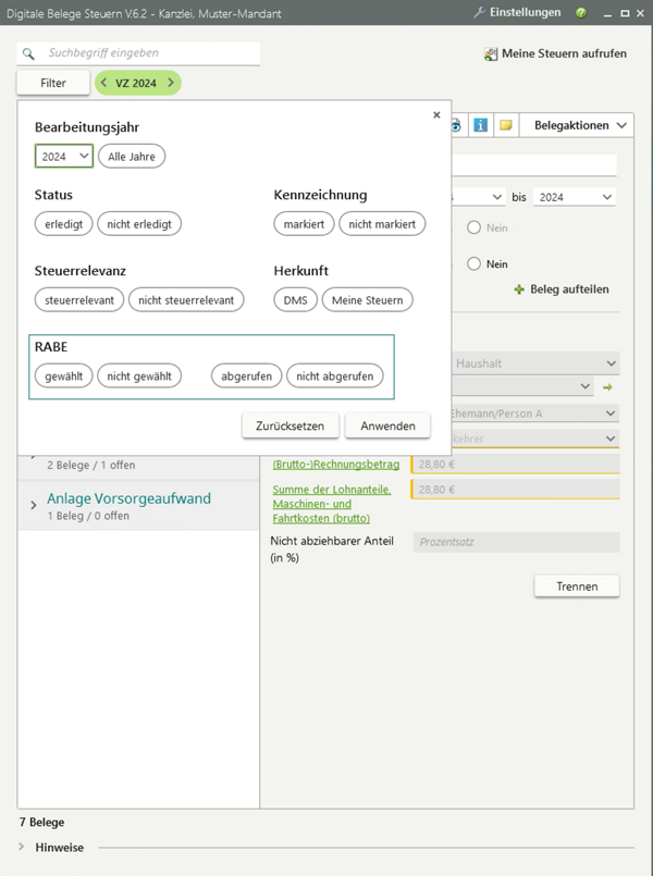 Filter im Programm Digitale Belege Steuern
