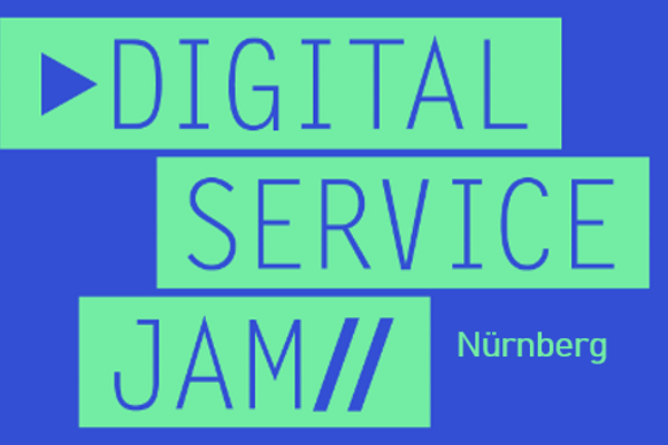 Grafik mit türkisfarbenem Schriftzug ‚Digital Service Jam Nürnberg‘ auf blauem Hintergrund.