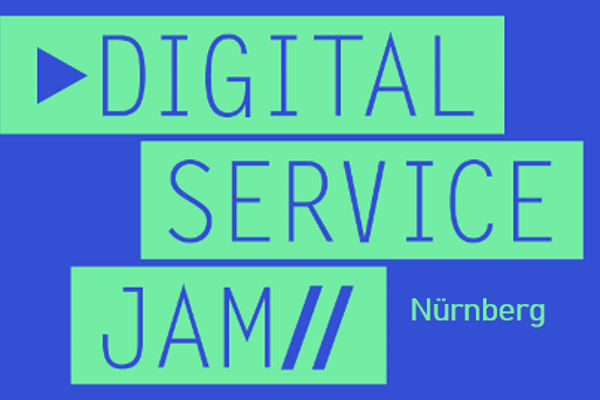 Grafik mit türkisfarbenem Schriftzug ‚Digital Service Jam Nürnberg‘ auf blauem Hintergrund.