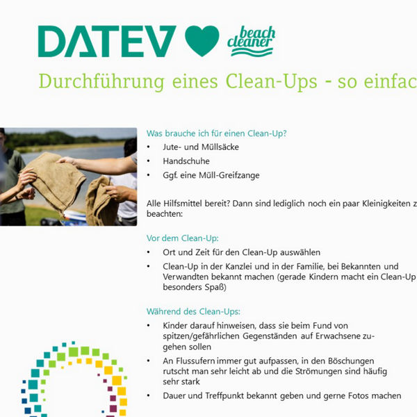Infoplakat von DATEV und Beach Cleaner zur Durchführung eines Clean-Ups; erklärt benötigte Materialien, Schritte vor, während und nach der Aktion, mit Fotos von Jutesäcken und Helferinnen beim Müllsammeln.