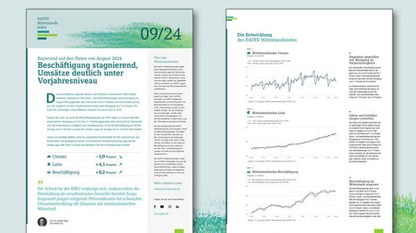 Zweiseitiger Bericht mit dem Titel &#39;Beschäftigung stagniert, Umsätze deutlich unter Vorjahresniveau&#39;, enthält Diagramme zum DIHK Mittelstandsindex und Textabschnitte zur wirtschaftlichen Entwicklung.