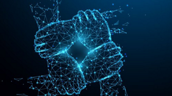 4 Hände aus Datenpunkten auf schwarzem Hintergrund greifen sich gegenseitig am Armgelenk und bilden so ein Quadrat.