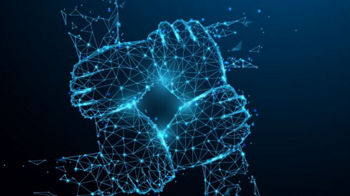 4 Hände aus Datenpunkten auf schwarzem Hintergrund greifen sich gegenseitig am Armgelenk und bilden so ein Quadrat.