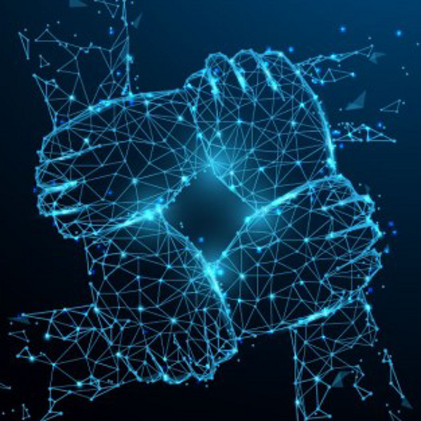 Schwarzer Hintergrund. Vier Hände, die sich aus Datenpunkten zusammensetzen, greifen sich am Armgelenkt und bilden so ein Quadrat.