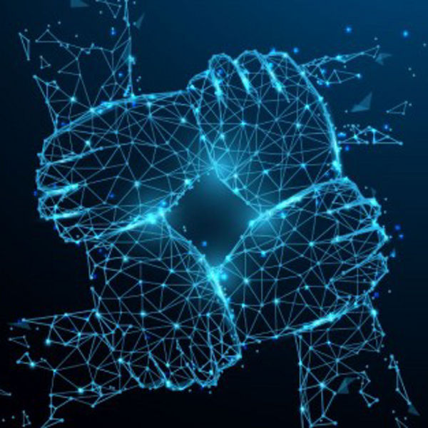 Schwarzer Hintergrund. Vier Hände, die sich aus Datenpunkten zusammensetzen, greifen sich am Armgelenkt und bilden so ein Quadrat.