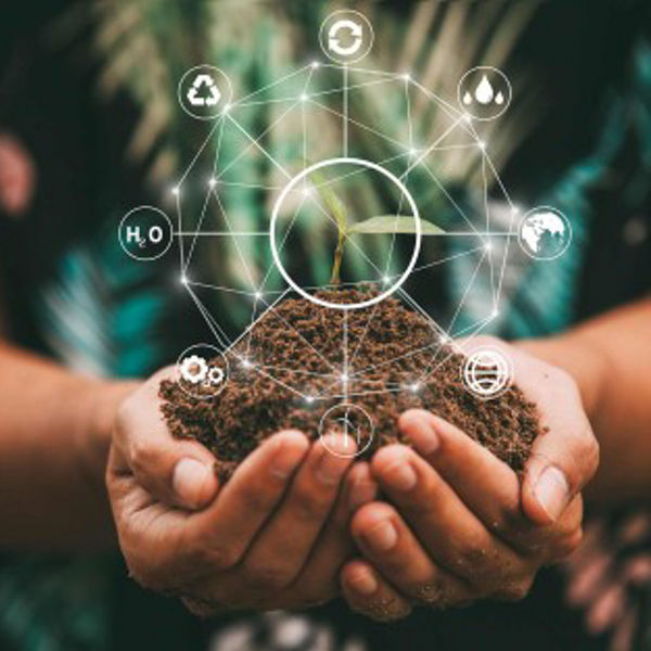 Hand hält  Gartenerde mit Nachhaltigkeits-Piktogrammen