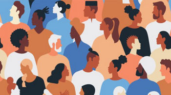 Illustration vielfältiger Menschen mit unterschiedlichen Hautfarben und Frisuren, die in verschiedenen Richtungen blicken, symbolisiert Gemeinschaft und Nachhaltigkeit.