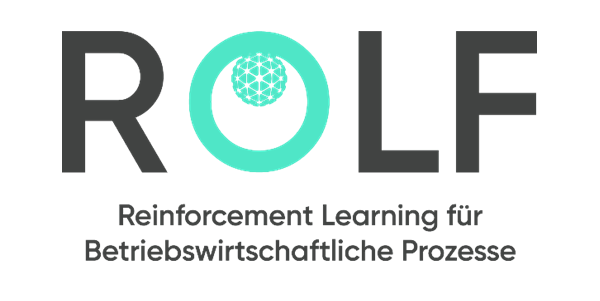 Projektlogo mit der Aufschrift ‚ROLF – Reinforcement Learning für Betriebswirtschaftliche Prozesse‘. Der Buchstabe O ist stilisiert als Kreiselement mit Punkten, das einen Lernprozess symbolisiert.