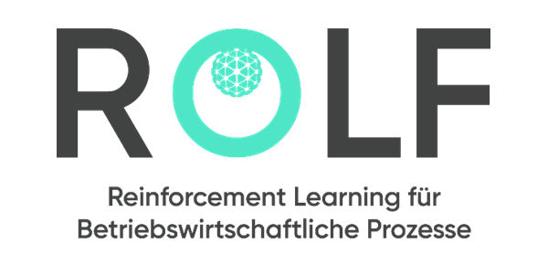 Projektlogo mit der Aufschrift ‚ROLF – Reinforcement Learning für Betriebswirtschaftliche Prozesse‘. Der Buchstabe O ist stilisiert als Kreiselement mit Punkten, das einen Lernprozess symbolisiert.