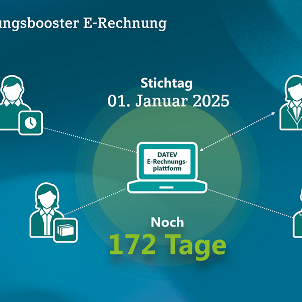 Countdown-Grafik zur Einführung der DATEV E-Rechnungsplattform. In der Mitte ein Laptop mit dem Hinweis: ‚Noch 172 Tage‘ bis zum Stichtag 1. Januar 2025. Umgeben von vier Piktogrammen für Kanzleien, Unternehmen und Mitarbeitende.