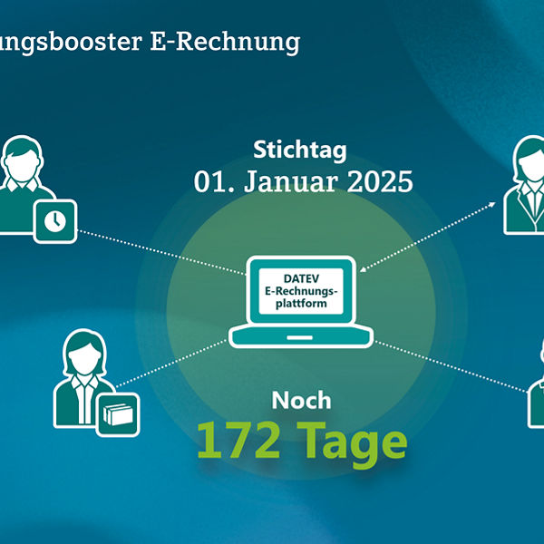 Countdown-Grafik zur Einführung der DATEV E-Rechnungsplattform. In der Mitte ein Laptop mit dem Hinweis: ‚Noch 172 Tage‘ bis zum Stichtag 1. Januar 2025. Umgeben von vier Piktogrammen für Kanzleien, Unternehmen und Mitarbeitende.