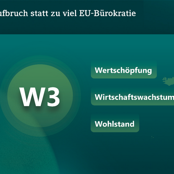 Grafik mit der Aufschrift ‚Aufbruch statt zu viel EU-Bürokratie‘. Links das Label ‚W3‘, rechts Begriffe wie ‚Wertschöpfung‘, ‚Wirtschaftswachstum‘ und ‚Wohlstand‘. Im Hintergrund ist eine Karte Europas zu sehen.