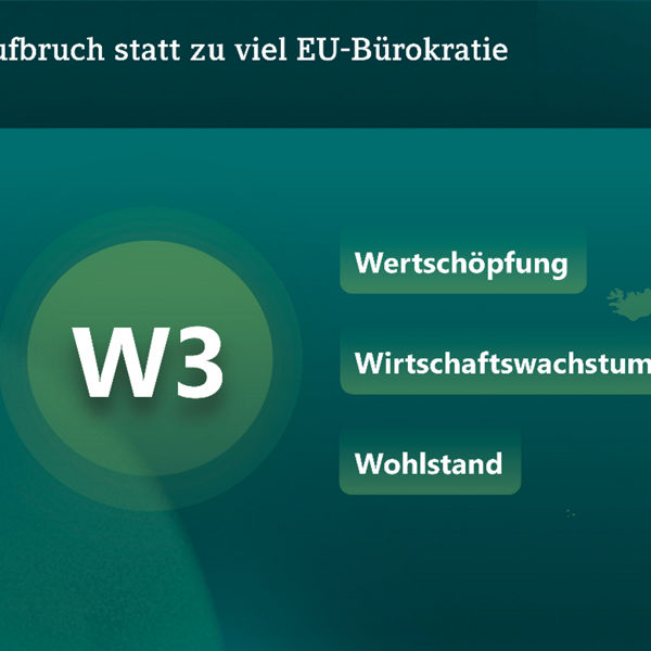 Grafik mit der Aufschrift ‚Aufbruch statt zu viel EU-Bürokratie‘. Links das Label ‚W3‘, rechts Begriffe wie ‚Wertschöpfung‘, ‚Wirtschaftswachstum‘ und ‚Wohlstand‘. Im Hintergrund ist eine Karte Europas zu sehen.