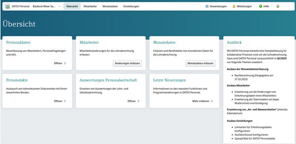 Das Bild zeigt die Startseite aus dem Produkt DATEV Personal, auf dem alle einzelnen Module zu sehen sind.