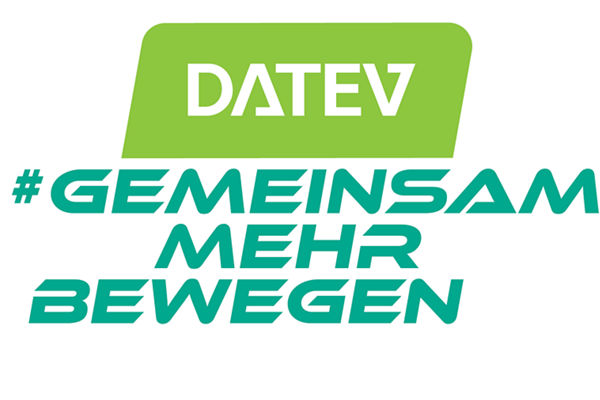 DATEV-Logo mit türkisfarbener Text &#39;#GEMEINSAM MEHR BEWEGEN&#39; in Großbuchstaben.